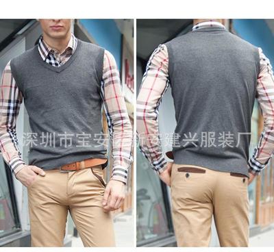 新款商務男士套頭無袖毛衣 純色純棉，來版定做，來圖起