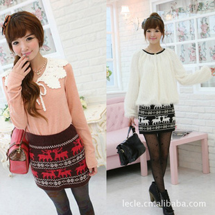 冬季時尚女裙批發 韓版休閑可愛小鹿繡花毛織半身裙